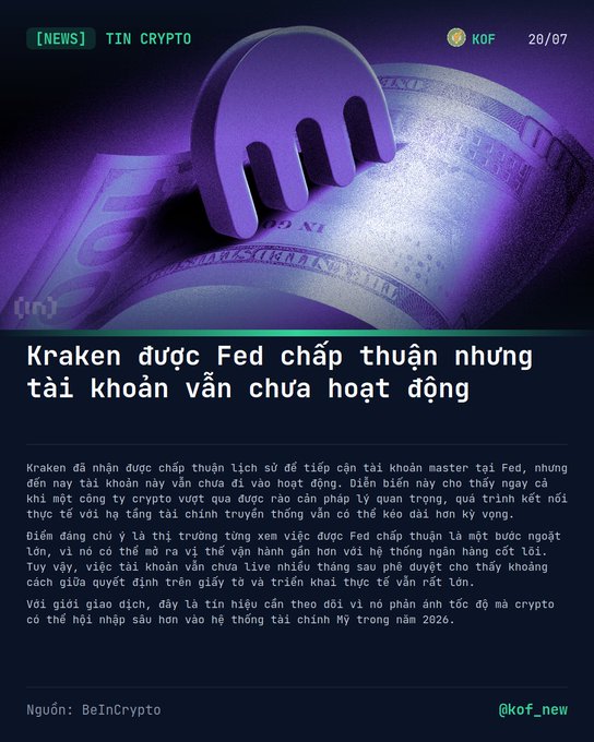 Vietnamese crypto news article from 'TIN CRYPTO' by @kof_new dated 28/07, headlined 'Kraken được Fed chấp thuận nhưng tài khoản vẫn chưa hoạt động' about Kraken receiving Fed master account approval.