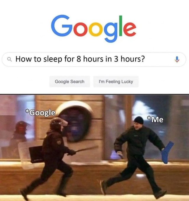 The image shows a Google search bar with the query "How to sleep for 8 hours in 3 hours?" followed by a meme depicting a police officer (labeled "*Google") wielding a baton chasing a man (labeled "*Me") who is running away. The meme humorously illustrates how Google aggressively attacks users with an impossible search query, relating to the post's joke about "typical CT (Connecticut) google search" where someone desperately tries to cram 8 hours of sleep into just 3 hours.