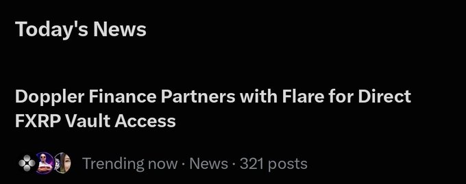 A news header reads 'Doppler Finance Partners with Flare for Direct FXRP Vault Access' with 321 posts trending.