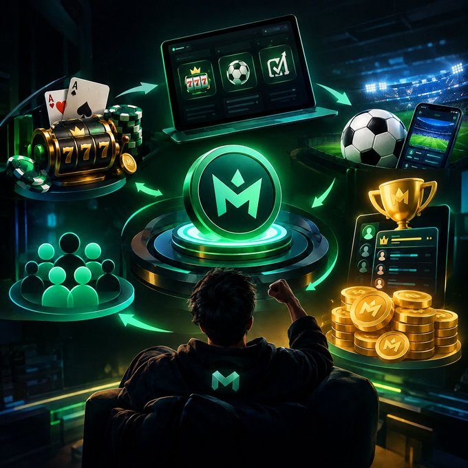 A digital illustration of a gamer sitting in a chair surrounded by various online gambling and sports betting icons, including a slot machine, soccer ball, trophy, coins, and a central glowing 'M' logo.