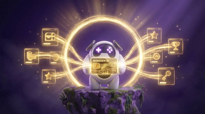 A glowing white robot mascot with purple X-shaped eyes stands atop a floating mossy island, displaying "NOMISEN ID" on its chest, surrounded by floating holographic achievement icons (trophies, stars, keys, coins) against a cosmic purple backdrop. The image visually embodies NomismaNetwork's gamified reward system, with each floating icon representing the participation, quest, and trading competition tiers highlighted in the post about CHR Diamond distribution.