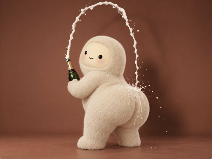 A 3D-rendered, fluffy white creature with a smiling face spraying champagne from a bottle over itself in an arc, set against a brown background.
