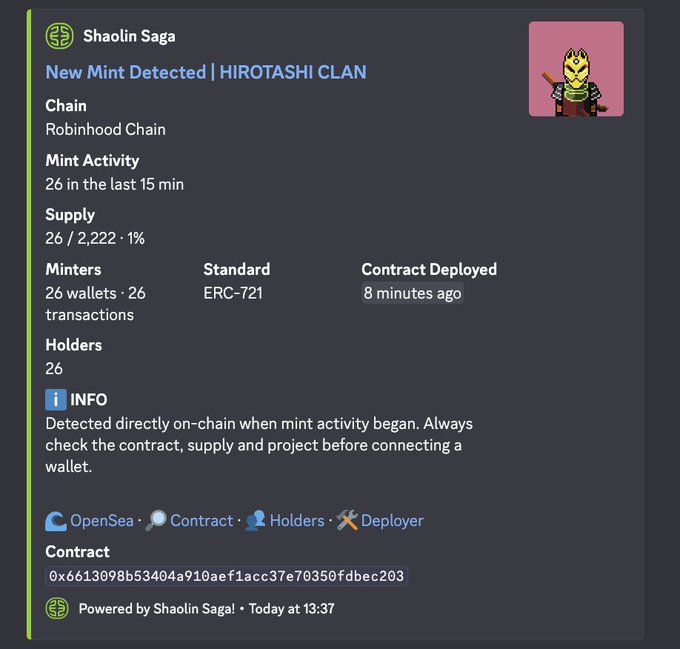 A Shaolin Saga notification alerts about a new mint detected for 'HIROTASHI CLAN' NFT collection on Robinhood Chain, showing 26 mints in the last 15 minutes, 26 holders, and an ERC-721 standard contract.