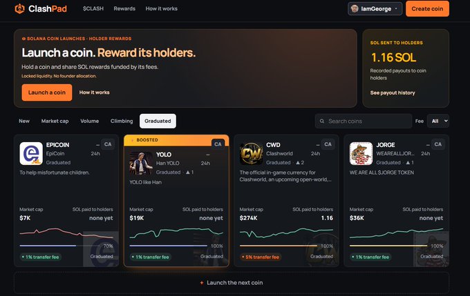 The screenshot shows the ClashPad launchpad dashboard on clashpad.sol with four graduated coins displayed (EPICOIN, YOLO, CWD, and JORGE), all marked as "Graduated" with transfer fees ranging from 1-5%, alongside a banner announcing "Launch a coin. Reward its holders" and 1.16 SOL paid to holders. The interface demonstrates the platform's core features highlighted in the post, including the "Launch a coin" call-to-action button, graduated coin listings, and SOL rewards distribution for token holders.