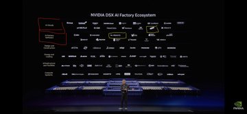 The image shows a presentation slide with a large black background featuring a grid of logos for various companies, including Jensen presenting at GTC Taipei. The text on the slide indicates that Jensen presented DSX AI Factory at GTC Taipei, and that Mirantis, DSX AI cloud software wing, was described as the infrastructure that will become even more powerful.