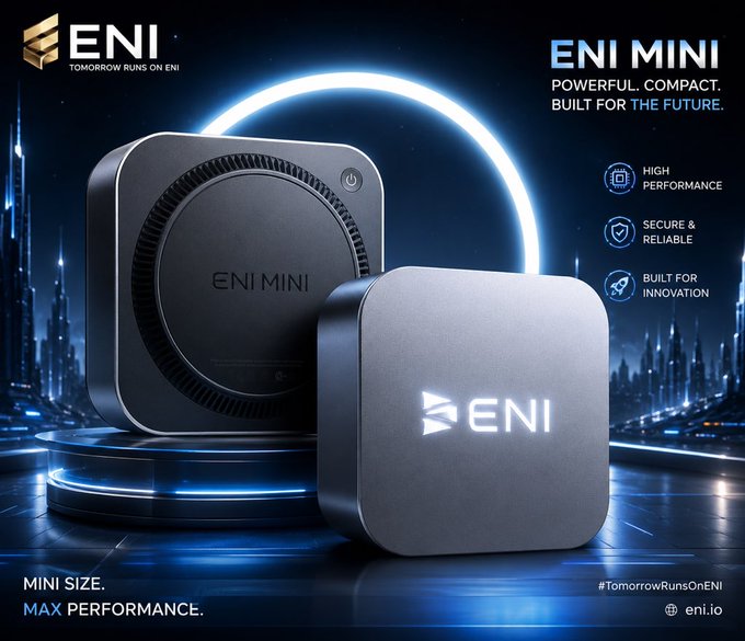 An advertisement for the 'ENI MINI' mini PC with text reading 'POWERFUL. COMPACT. BUILT FOR THE FUTURE,' 'HIGH PERFORMANCE,' 'SECURE & RELIABLE,' and 'BUILT FOR INNOVATION,' along with the website 'eni.io' and hashtag '#TomorrowRunsOnENI'.