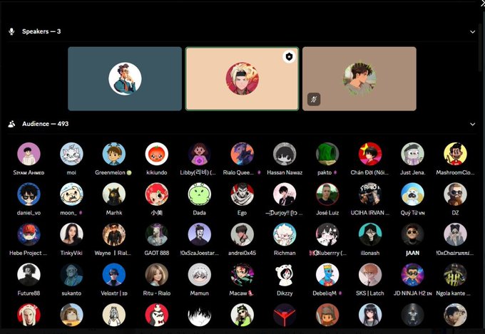 A screenshot of an online meeting interface shows 3 speakers at the top and 493 audience members displayed as circular avatars with usernames like 'Sinam Awaad,' 'Libby,' and 'Hassan Nawaz.'