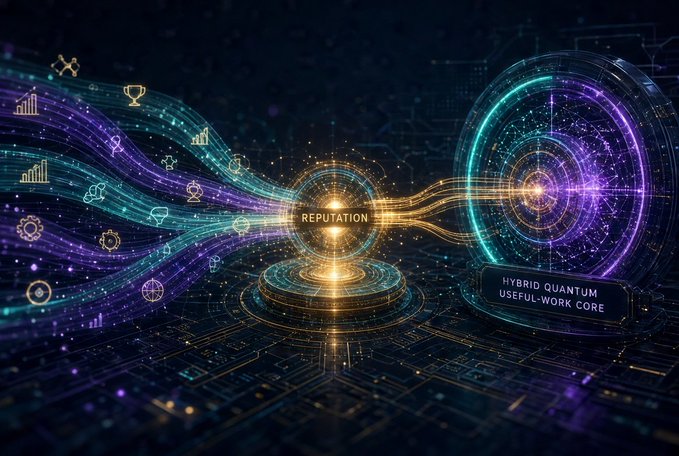 A futuristic digital artwork depicting a glowing 'REPUTATION' core connected to a 'HYBRID QUANTUM USEFUL-WORK CORE' with flowing streams of data, icons, and particle effects.