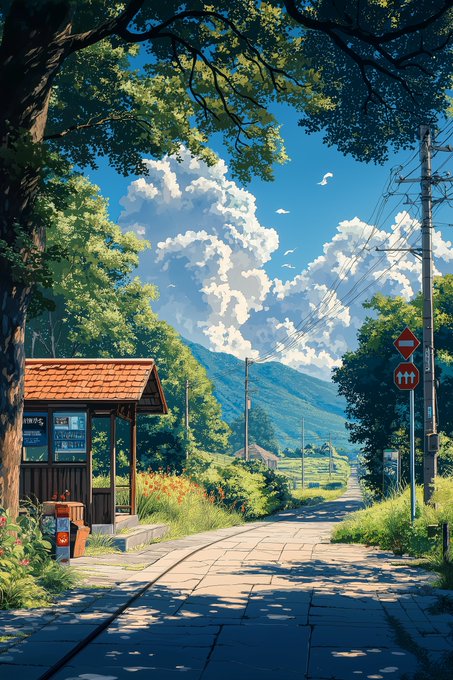 A vibrant anime-style illustration of a sunlit countryside path with lush trees, a small bus stop shelter, utility poles, and rolling green mountains under a bright blue sky with clouds.