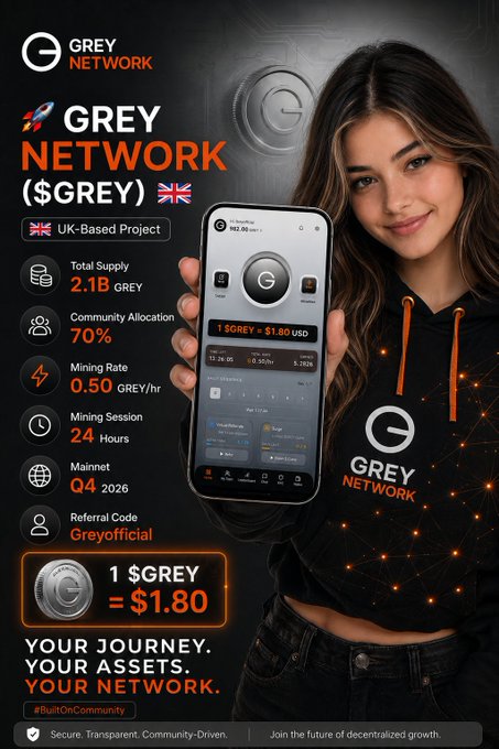 Promotional graphic for the $GREY cryptocurrency token (Grey Network), featuring a woman holding a phone displaying the mining app interface, alongside key project metrics: 1 $GREY = $1.80, total supply of 2.1B, 70% community allocation, 0.50 GREY/hr mining rate, 24-hour mining sessions, and a Q4 2026 mainnet launch, with referral code "Greyofficial."