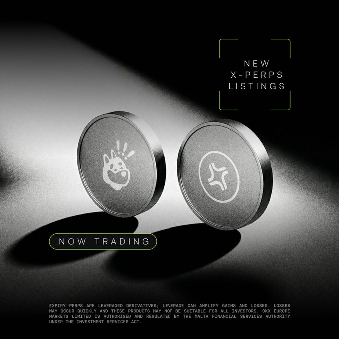 A promotional graphic announcing "NEW X-PERPS LISTINGS NOW TRADING" featuring two metallic token discs with distinctive logos against a dark gradient background, with a disclaimer about expiry perps being leveraged derivatives.