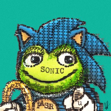 A colorful, hand-drawn or collage-style character combining a green Pepe face with blue Sonic the Hedgehog hair and a plaid cap.