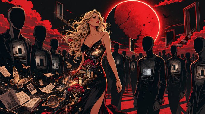 A digital fantasy illustration featuring a blonde woman in a flowing galaxy-patterned dress surrounded by dark faceless figures and floating doors, set against a vivid red sky with a large eclipsed moon.