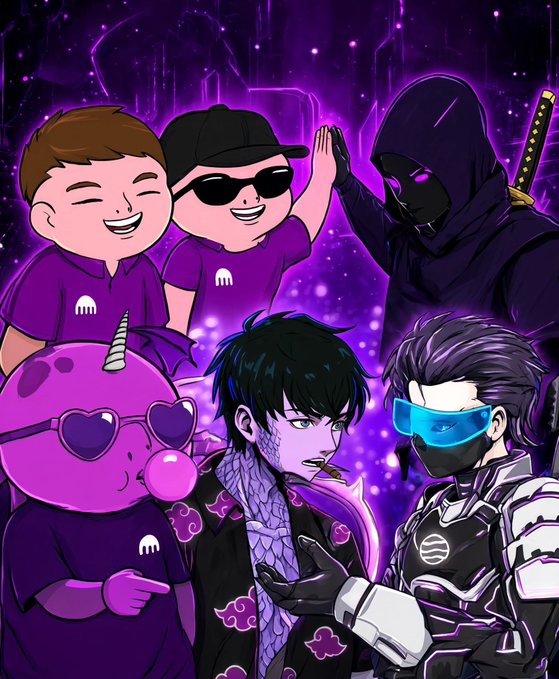 A vibrant purple-toned digital illustration depicts several characters including cartoon figures in purple shirts, a pink unicorn character with heart sunglasses, a samurai with a sword, and a futuristic armored figure with a blue visor.