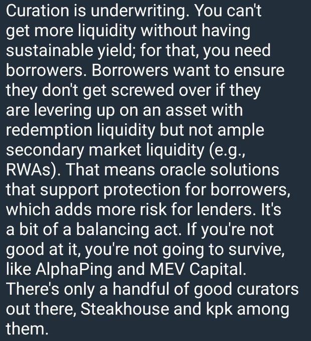 A text excerpt discussing curation as underwriting in DeFi markets, mentioning borrowers, lenders, oracle solutions, and naming curators like Steakhouse, kpk, AlphaPing, and MEV Capital.