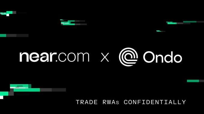 A black promotional graphic announces a partnership between **near.com** and **Ondo**, featuring their logos separated by an "x" symbol, with the tagline "TRADE RWAs CONFIDENTIALLY" displayed at the bottom in white text, accented by glitch-style green and white decorative elements.