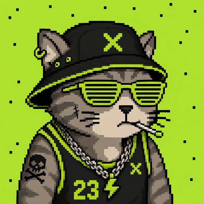A pixel art NFT of a hip cat wearing neon green shutter shades, a black bucket hat, gold chains, and smoking a cigarette, dressed in a black tank top featuring the number "23" and lightning bolts, displayed against a neon green background. The image serves as the promotional artwork for the upcoming "Meowies Hood" mint on August 11th at 2 PM UTC, with tiered pricing for GTD and Public sales.