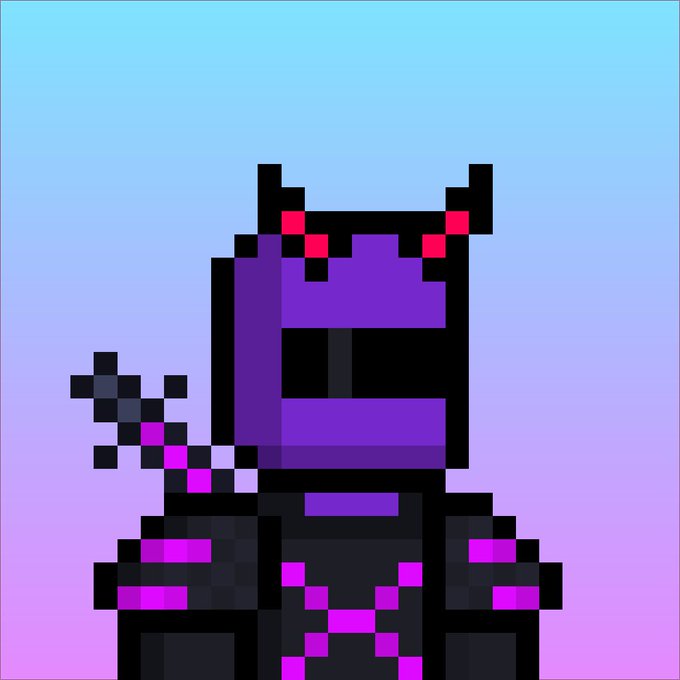 Pixel art illustration of a purple and black armored figure with red accents, horns, and a sword on a gradient blue-to-pink background.
