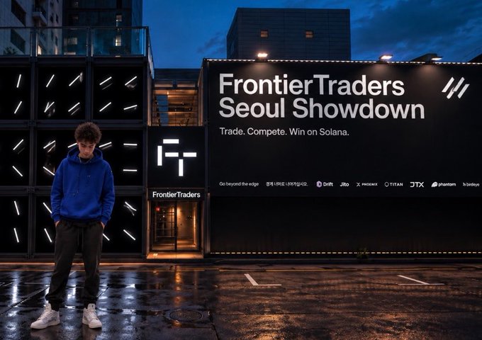 Person in a blue hoodie standing in front of a 'FrontierTraders Seoul Showdown - Trade. Compete. Win on Solana' billboard at night.