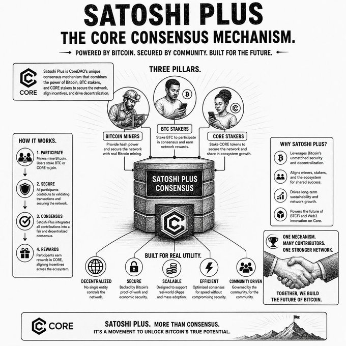 An infographic for 'SATOSHI PLUS - THE CORE CONSensus MECHANISM' by CoreDAO, illustrating three pillars (Bitcoin Miners, BTC Stakers, CORE stakers) and emphasizing it's 'powered by bitcoin, secured by community, built for the future.'