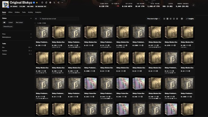 A screenshot of a crypto trading interface for "Original Blokyzz" showing multiple NFT items for sale with various prices in ETH.