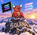A cartoon bull character sitting on a snowy mountain peak labeled 'SOLANA', holding a Solana flag against a sunset sky.