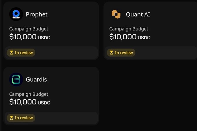 The image shows a screenshot of a campaign budgeting app, displaying four different campaign budgets for three campaigns. The first campaign has a budget of $10,000 USC, the second one costs $1,000 USC, and the third one is priced at $100,000 USC. There are also two thumbs up icons in the image, indicating that these campaigns have been approved or are ready to be launched.