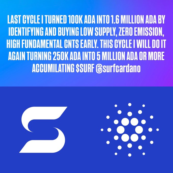 A promotional graphic claiming 'LAST CYCLE I TURNED 100K ADA INTO 1.6 MILLION ADA BY IDENTIFYING AND BUYING LOW SUPPLY, ZERO EMISSION, HIGH FUNDAMENTAL CNTS EARLY,' promising to repeat the feat with $SURF, alongside the Cardano and Surf Cardano logos.
