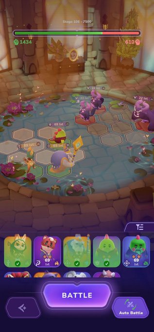 A screenshot of a mobile strategy battle game shows a combat encounter on a hexagonal grid arena, with the player controlling a small character with a yellow flag against three purple ape-like enemies, while the bottom panel displays a team lineup of five green creatures and a "BATTLE" button. The on-screen text includes "Stage 106 / 7500," "1434," "610," and stats like "88 lvl," "21 lvl," "22 lvl," "99 lvl," and "69 lvl," illustrating how the post's casual check-in reward unintentionally pulled the user deeper into gameplay progression.