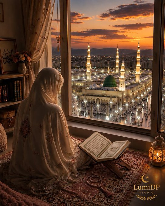 An illustration from LumiDP Studio showing a woman in a white hijab reading an open book (appears to be the Quran) by a window, overlooking the illuminated Masjid al-Nabawi in Medina at sunset, with prayer beads and a lantern nearby.