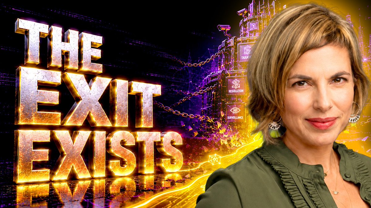 A promotional graphic for 'THE EXIT EXISTS' featuring a woman with short brown hair on the right, set against a dark background with a futuristic, industrial tower displaying symbols for 'TAXATION', 'REGULATION', and 'SURVEILLANCE'.