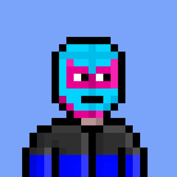 A pixel art illustration of a figure with a bright blue and pink mask or face, wearing a dark outfit, set against a solid blue background.
