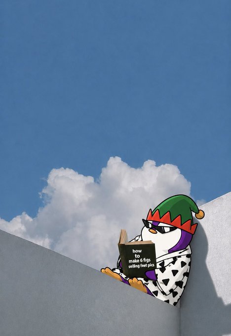 An illustration of an anthropomorphic penguin wearing a green and red elf hat, sunglasses, and a black-and-white cow-print hoodie, reading a black book titled 'how to make 6 figs selling feet pics' against a backdrop of blue sky and clouds.