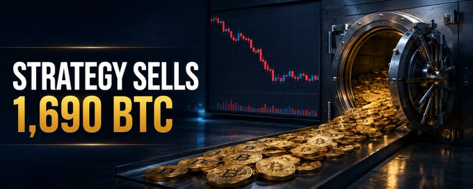 The image shows an open vault filled with gold Bitcoin coins, with a declining chart in the background, accompanied by the text "STRATEGY SELLS 1,690 BTC."

The visual reinforces the post's message about Strategy (formerly MicroStrategy) continuing its Bitcoin selling streak, with the falling chart and emptying vault symbolizing the whales' shifting strategy.