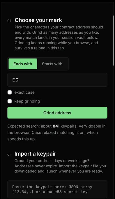 The image shows a "Choose your mark" interface where users can grind a unique contract address by selecting characters like "EG" to end the address with, with an expected search of about 841 keypairs—matching the promotional post about launching tokens with custom contract addresses at monogram.tools.