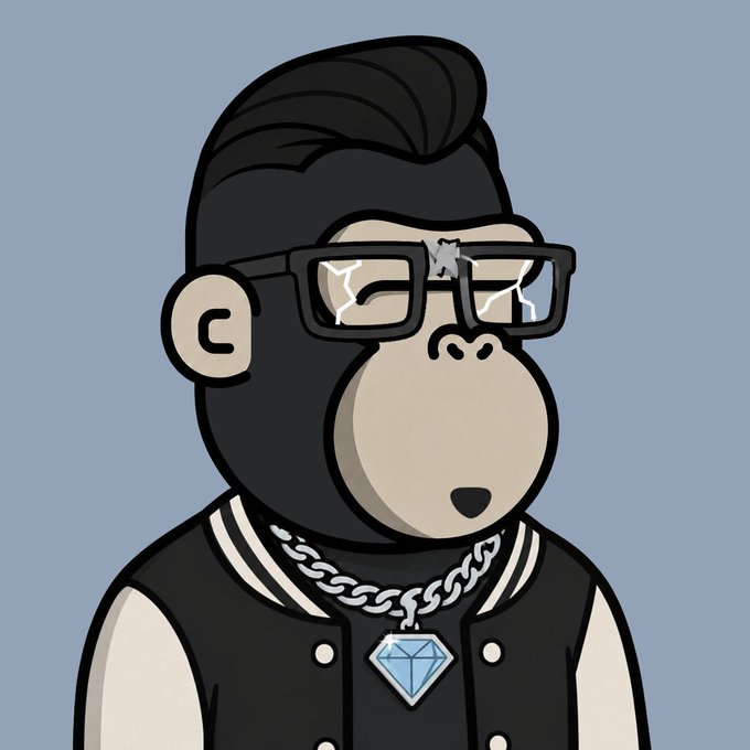 The image features a cartoon monkey wearing glasses, a black jacket with white stripes, and a diamond-studded necklace. The monkey appears to be posing for the camera against a blue background. The caption "New PFP @ape0nchain" is written in the corner of the image.