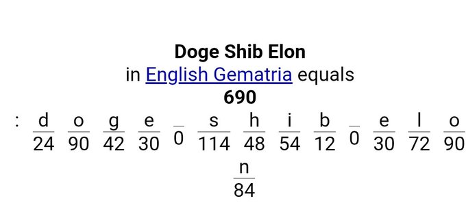 Graphic showing the English Gematria calculation for "Doge Shib Elon" equaling 690, with each letter assigned its corresponding numerical value.