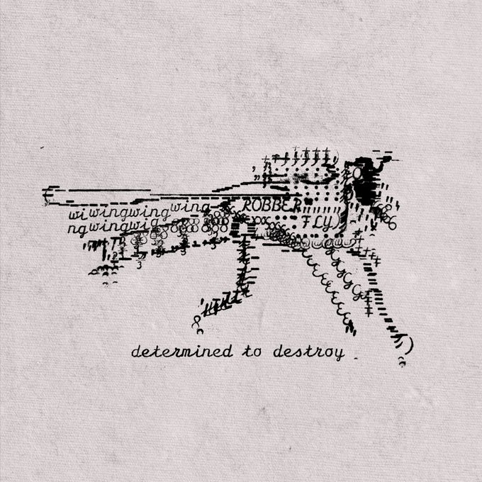 A minimalist black ink illustration on cream paper depicts an assault rifle formed entirely from typographic characters and glyphs, with visible text fragments including "ROBBER," "FLY," "wingwingwing," "tion," and the handwritten caption "determined to destroy."

The image serves as a visual metaphor for the post's message: just as a rifle made of words spells out destruction, market euphoria conceals danger beneath the surface—confidence that buying SOL feels safe is itself the signal of a top, while the uncomfortable moments hold the real opportunity.