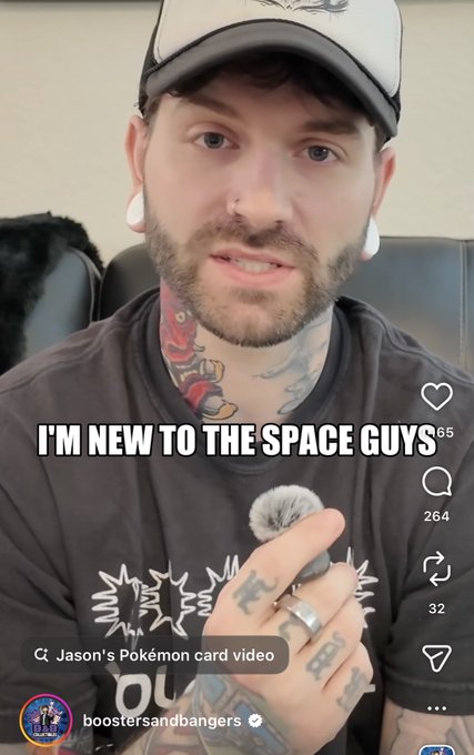 The image features a man with tattoos, wearing a black t-shirt and a baseball cap. He has a message posted on social media that says "I'm new to the space guys" along with an explanation of his mistake. The caption also mentions that he is a "boosters and bangers" fan.