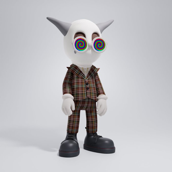 The image features a 3D rendering of a cartoon character wearing a suit, hat, and boots with colorful eyes that are covered by googly eyes. The character has a unique appearance due to its large size and the use of googly eyes on its face. The character is standing against a plain white background, which highlights its design and colors.