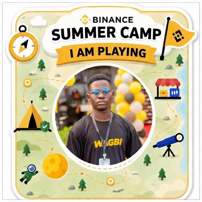 A Binance 'Summer Camp - I Am Playing' promotional graphic showing a young man wearing sunglasses and a black 'WAGBI' t-shirt with a lanyard, set against a cartoon campsite background with tents and trees.