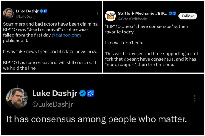 Three tweets from Luke Dashjr (@LukeDashjr) and "Softfork Mechanic" (@GrassFedBitcoin) defending BIP110 against claims it lacks consensus, with Luke Dashjr's final tweet reading "It has consensus among people who matter." The posts align with the caption's ironic observation that BIP110's supporters toggle between claiming broad consensus and dismissing dissenters as irrelevant.