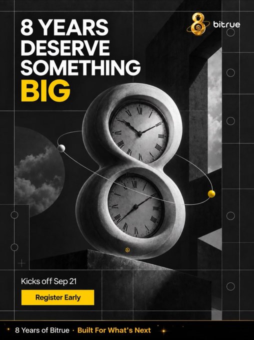 A Bitrue cryptocurrency advertisement with '8 YEARS DESERVE SOMETHING BIG' featuring an artistic figure-8 sculpture made of two clocks, with text 'Kicks off Sep 21' and 'Register Early' button.