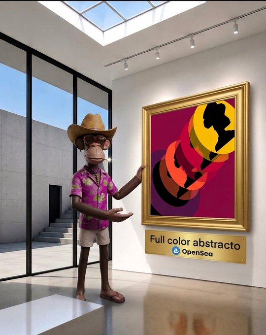 A surreal 3D-rendered scene of an anthropomorphic monkey wearing a cowboy hat and pink floral shirt, standing in a modern gallery pointing to a vibrant abstract painting, with 'Full color abstracto' and 'OpenSea' labeled below.