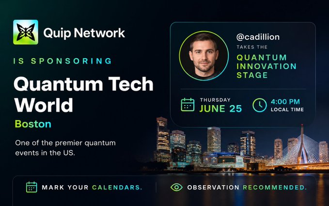 The image features a poster with a man's face, likely an attendee at a Quantum Tech World event, against a dark blue background. The poster includes text that reads "quip network is sponsoring Quantum tech world" and "Boston". There are also two dates on the poster - one for Saturday, June 25th, from 4:00 PM to 6:00 PM, and another date of Thursday, June 25th, at 4:00 PM to 6:00 PM. The poster also includes a link to an event page that provides more information about the Quantum Tech World event in Boston.