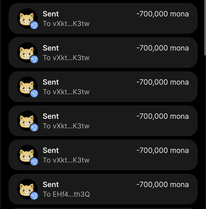 The image shows a transaction history displaying multiple "Sent" transfers of -700,000 mona each to addresses starting with "vXkt...K3tw" and "EHf4...th3Q", which appears to support the post's claim about an airdrop of 700,000 $MONA tokens being distributed to participants' Solana wallets ahead of the project's launch.