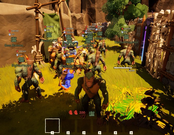 A multiplayer video game scene featuring a player character surrounded by multiple green troll-like enemies with player names like 'Gee Banana', 'PhatGuy', and 'TheRealHabibHot' displayed above their heads.