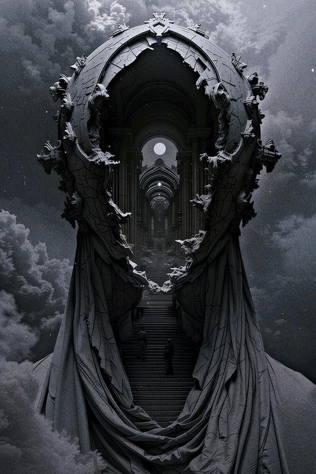A dark, surreal fantasy artwork depicting a giant figure draped in flowing robes with an archway of arches forming the shape of a head, leading to a staircase ascending into a cloudy sky.