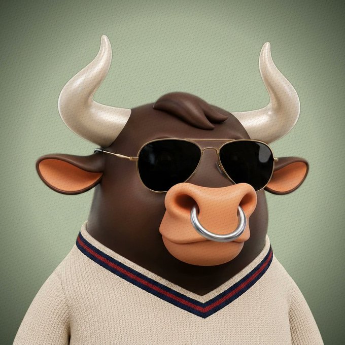 A stylized 3D rendering of a bull character wearing aviator sunglasses, a silver nose ring, and a beige V-neck sweater with red and blue trim against a green background.