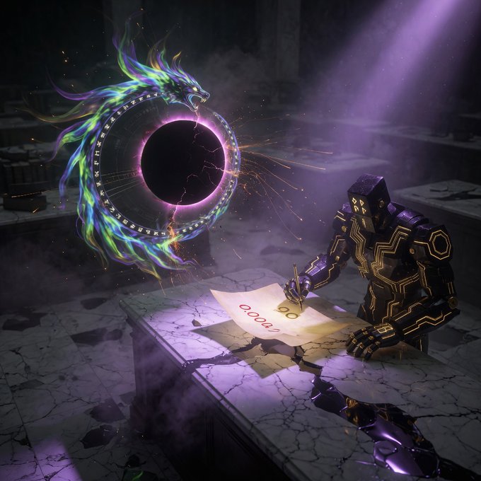 A dark digital fantasy artwork depicts a black-and-gold armored figure writing '666' and '00017' on paper at a stone desk, while a glowing green-and-purple portal shaped like a serpentine creature emits sparks and light beams.
